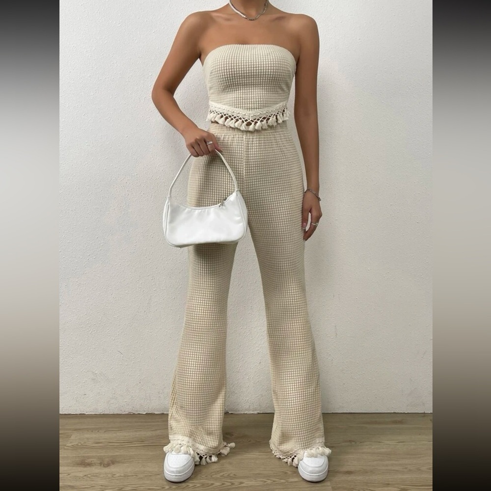 Cream Waffle/Knitted Tie Back Tassel Hem Tube Top & Wife Leg Pants Set | S | NWT - Picture 6 of 9